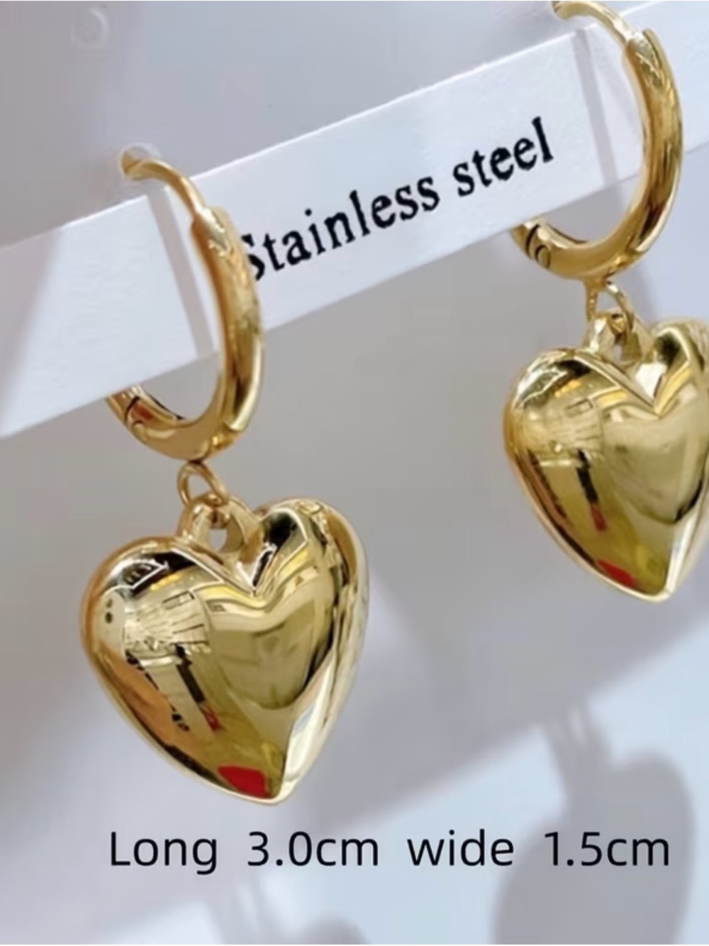 ✨ NWT Gold 3D Puffed Heart Dangle Huggie Hoop Earrings ✨ - Picture 3 of 3